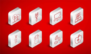 Set line Apple Garden rake Udder Windmill Seeds Tree Can container for milk and Carrot icon. Vector.