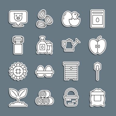 Set line Bag of flour Shovel Apple Little chick in cracked egg Pack full seeds plant Can container for milk Pig and Watering can icon. Vector.