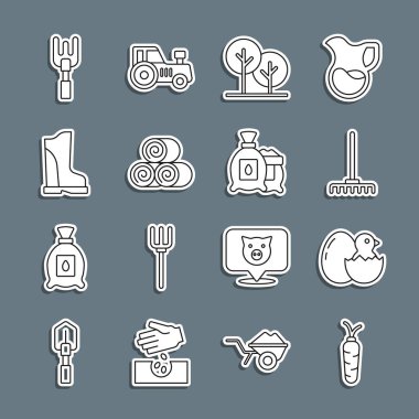 Set line Carrot Little chick in cracked egg Garden rake Tree Roll of hay Waterproof rubber boot and Pack full seeds plant icon. Vector.