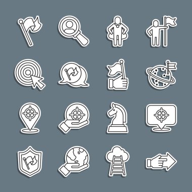 Set line Hand with pointing finger Target Moon flag Head hunting Flag arrow and holding icon. Vector.