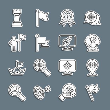 Set line Flag Target Man holding flag Medal Chess and Rocket ship icon. Vector.