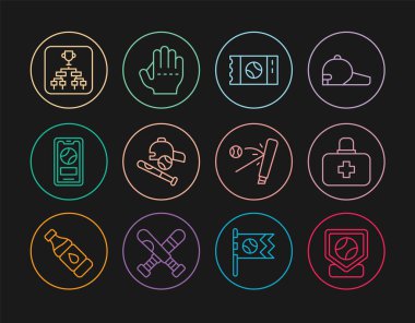 Set line Baseball base First aid kit ticket bat with ball hat Mobile baseball Championship tournament bracket and glove icon. Vector.
