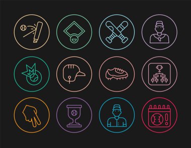 Set line Calendar with baseball game Championship tournament bracket Crossed bat Baseball helmet boot and field icon. Vector.