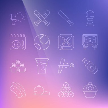 Set line Baseball cap Bottle of water mechanical scoreboard bat Calendar with baseball game Megaphone and Monitor icon. Vector.
