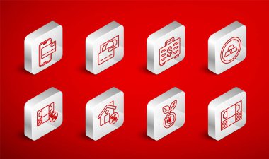 Set line Stacks paper money cash Credit card Briefcase and Gold bars Euro plant Mobile banking House with percant discount and Money percent icon. Vector.