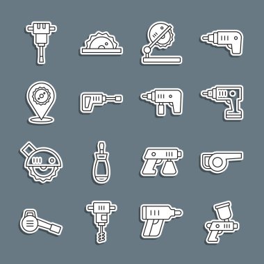 Set line Paint spray gun Leaf garden blower Electric cordless screwdriver Table saw for woodwork Rotary hammer drill machine Circular blade Construction jackhammer and icon. Vector.