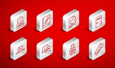 Set line Lighter Book with stop cigarette Throat cancer No smoking area Nicotine gum blister pack time and Heart disease icon. Vector.