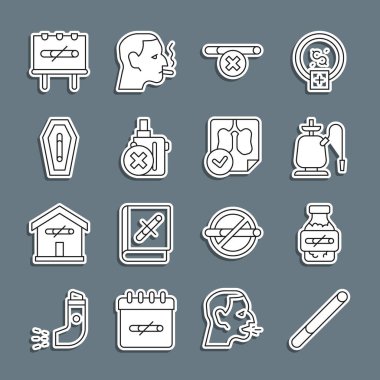 Set line Cigarette Nicotine gum in blister pack Hookah No smoking electronic cigarette Death from and Lungs x-ray diagnostics icon. Vector.