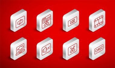 Set line Record button Video recorder editor Pause Play video Music editing Repeat Speaker mute and Sound audio icon. Vector.