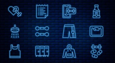 Set line Sports doping with dumbbell Bathroom scales Fitness app Dumbbell Shower heart Short pants and training program icon. Vector.
