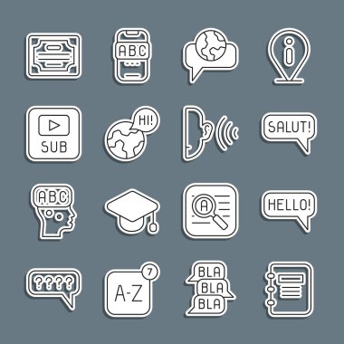Set line Notebook Hello in different languages Salut Learning foreign Video with subtitles Certificate template and Ear listen sound signal icon. Vector.