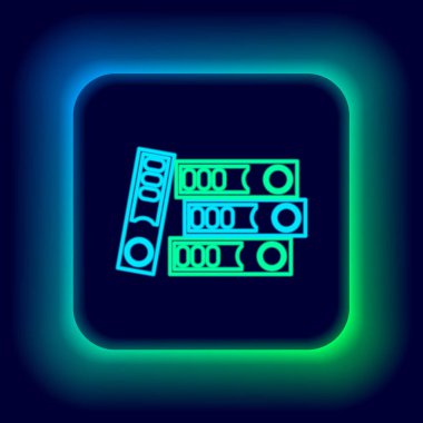 Siyah zemin üzerinde kağıt ve belge simgesi bulunan parlak neon hat ofis dizinleri. Ofis dosyaları. Dosya arşivleme işareti. Renkli taslak konsepti. Vektör