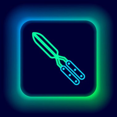 Siyah arkaplanda izole edilmiş simgeyi budamak için parlayan neon çizgisi el yapımı makas. Ahşap saplı budama makası. Renkli taslak konsepti. Vektör