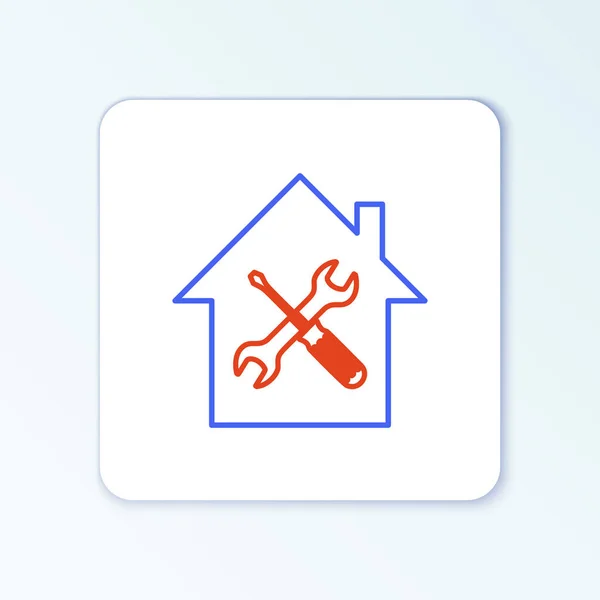 Line House or home with screwdriver and wrench icon isolated on white background. Adjusting, service, setting, maintenance, repair, fixing. Colorful outline concept. Vector — Stock Vector