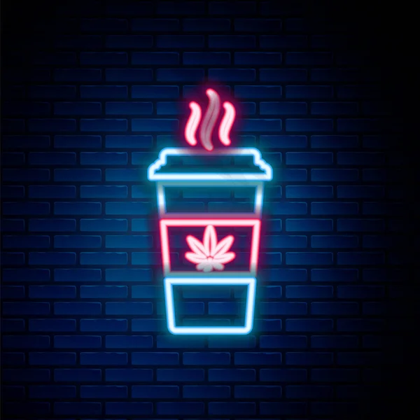 Ragyogó neon vonal Kupa kávé marihuána vagy cannabis levél ikon elszigetelt téglafal háttér. Marihuána legalizáció. Kenderszimbólum. Színes vázlat koncepció. Vektor — Stock Vector