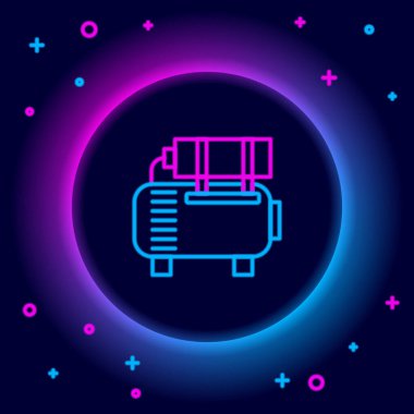 Parlayan neon hattı hava kompresör simgesi siyah arkaplanda izole edildi. Renkli taslak konsepti. Vektör