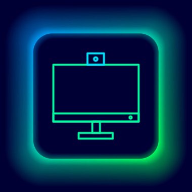 Parlayan neon hattı bilgisayar monitörü simgesi siyah arkaplanda izole edildi. Bilgisayar bileşeni işareti. Renkli taslak konsepti. Vektör