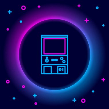 Parlayan neon hattı Retro oyun makinesi simgesi siyah arkaplanda izole edildi. Renkli taslak konsepti. Vektör