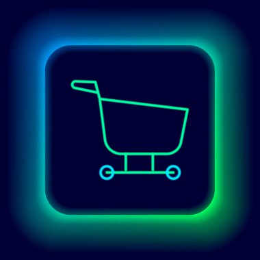 Parlayan neon hattı alışveriş arabası simgesi siyah arka planda izole edildi. Yiyecek dükkanı, süpermarket. Renkli taslak konsepti. Vektör
