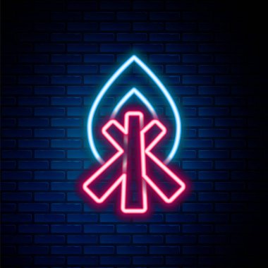 Parlayan neon hattı kamp ateşi ikonu tuğla duvar arkasında izole edilmiş. Odunla yanan şenlik ateşi. Renkli taslak konsepti. Vektör