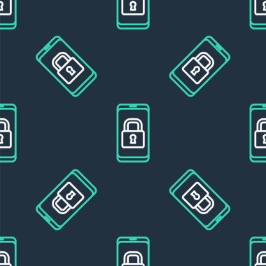 Kapalı asma kilit simgesine sahip çizgi akıllı telefonu siyah arkaplanda izole edilmiş pürüzsüz desen. Kilitli telefon. Gezici güvenlik, güvenlik, koruma konsepti. Vektör