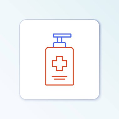 Beyaz arka planda izole edilmiş şeker ikonu içeren sıvı antibakteriyel sabun hattı. Antiseptik. Dezenfeksiyon, hijyen, cilt bakımı. Renkli taslak konsepti. Vektör