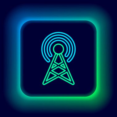 Parlayan neon hattı Anten simgesi siyah arkaplanda izole edildi. Radyo anteni kablosuz. Teknoloji ve ağ sinyali radyo anteni. Renkli taslak konsepti. Vektör