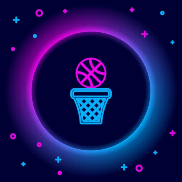 Glowing neon line Basketball over sports winner podium icon isolated on black background. Colorful outline concept. Vector — Stock Vector