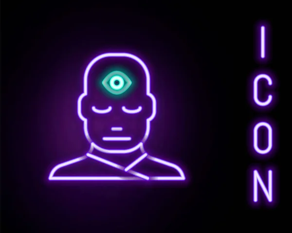 Ligne lumineuse néon Homme avec troisième icône de l'œil isolé sur fond noir. Le concept de méditation, vision de l'énergie, aura. Concept de contour coloré. Vecteur — Image vectorielle