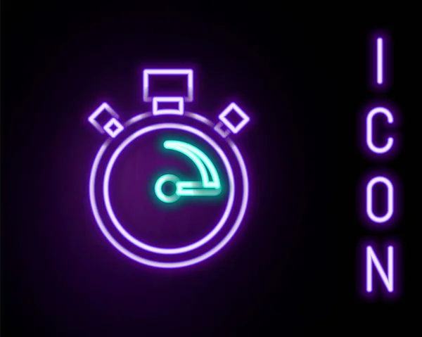 Icona del cronometro linea neon incandescente isolato su sfondo nero. Un timer temporale. Segno cronometro. Concetto di contorno colorato. Vettore — Vettoriale Stock