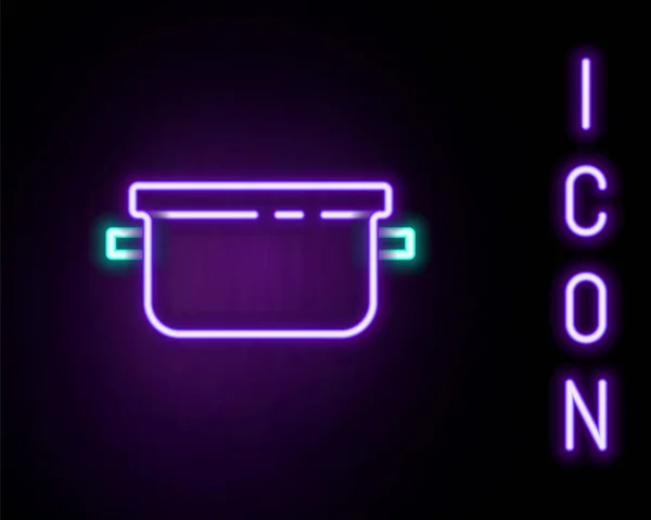 Gloeiende neon lijn Koken pot pictogram geïsoleerd op zwarte achtergrond. Kook of stoofpot voedsel symbool. Kleurrijk concept. Vector — Stockvector