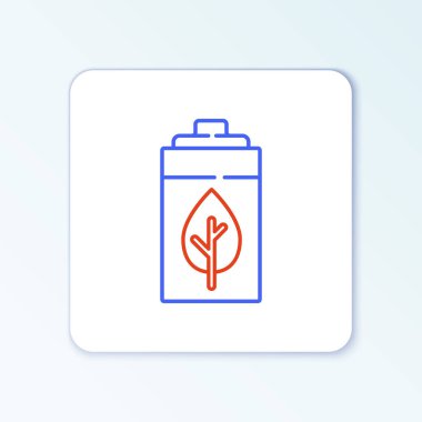 Beyaz zemin üzerinde izole edilmiş çizgi eko doğa yaprağı ve pil ikonu. Enerji, ekoloji tasarruf kavramına dayanır. Renkli taslak konsepti. Vektör