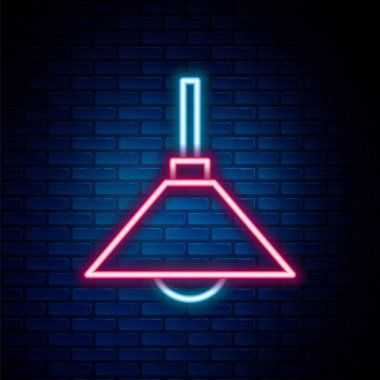Parlayan neon hattı lamba asılı ikon tuğla duvar arka planında izole. Tavan lambası ampulü. Renkli taslak konsepti. Vektör