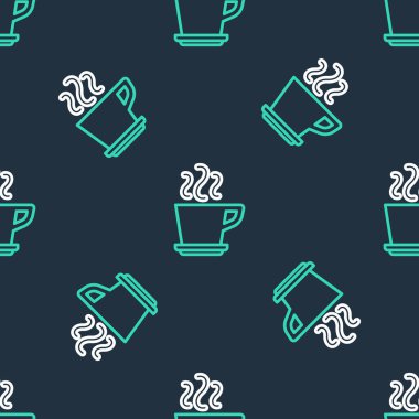 Çizgili kahve fincanı ikonu siyah arka planda izole edilmiş pürüzsüz desen. Çay fincanı. Sıcak içecek kahvesi. Vektör