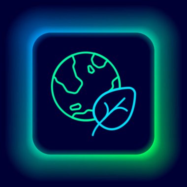 Parlayan neon hattı Dünya küresi ve yaprak ikonu siyah arka planda izole edildi. Dünya ya da Dünya işareti. Geometrik şekiller. Çevresel konsept. Renkli taslak konsepti. Vektör