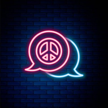 Parlayan neon hattı. Tuğla duvar arkasında barış simgesi izole edildi. Hippi barış sembolü. Renkli taslak konsepti. Vektör