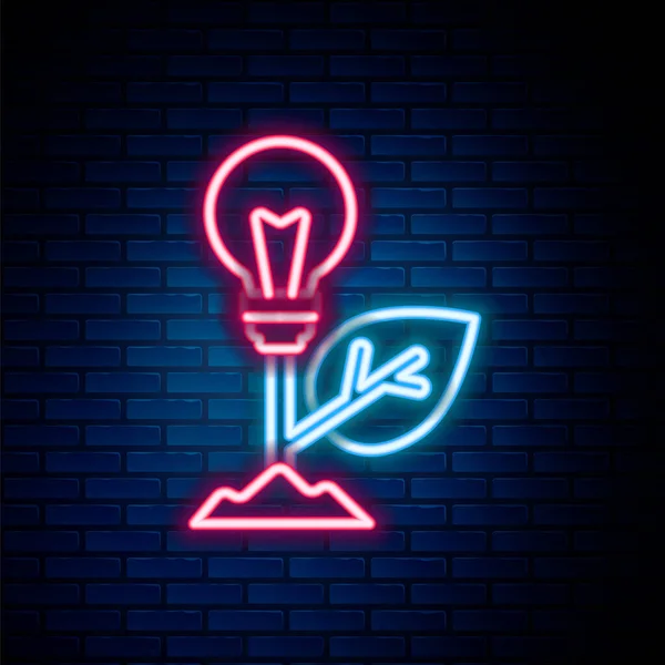 Glowing neon line Light bulb with leaf icon isolated on brick wall background. Eco energy concept. Alternative energy concept. Colorful outline concept. Vector — Stock Vector