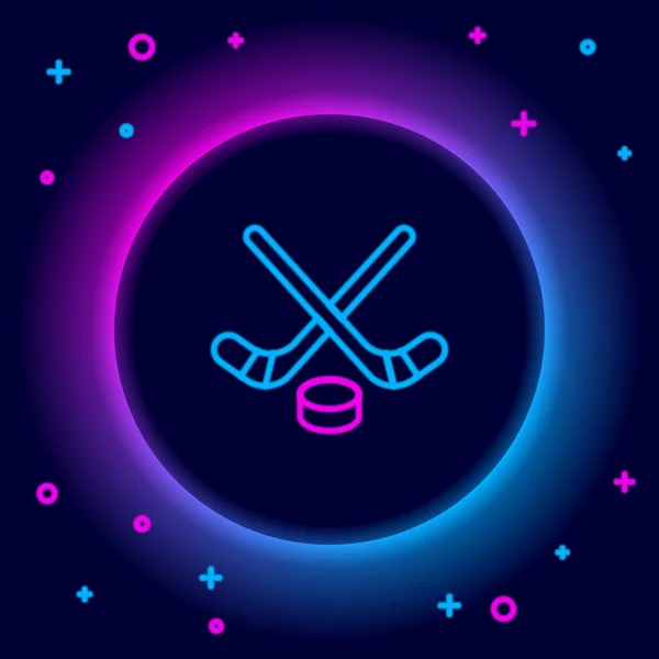 Glowing neon line Ice hockey sticks and puck icon isolated on black background. Game start. Colorful outline concept. Vector — Stock Vector