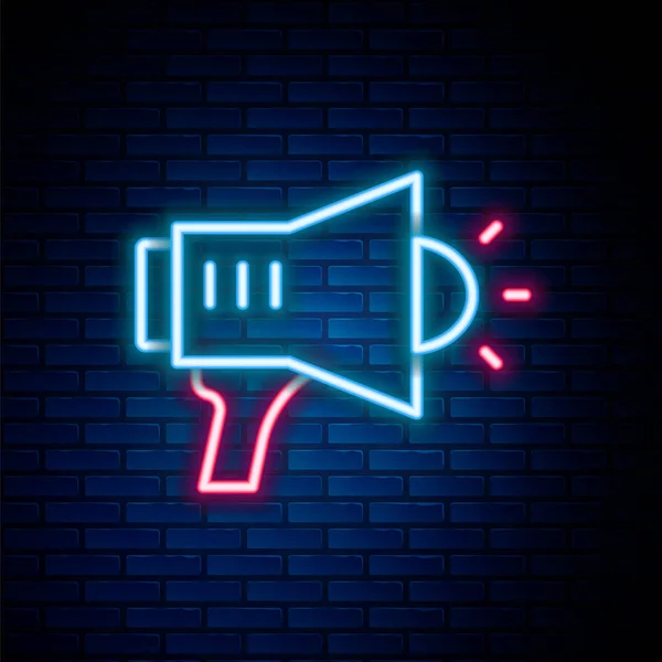 Glödande neon linje Megafon ikon isolerad på tegel vägg bakgrund. Talarskylt. Färgstarkt skisskoncept. Vektor — Stock vektor
