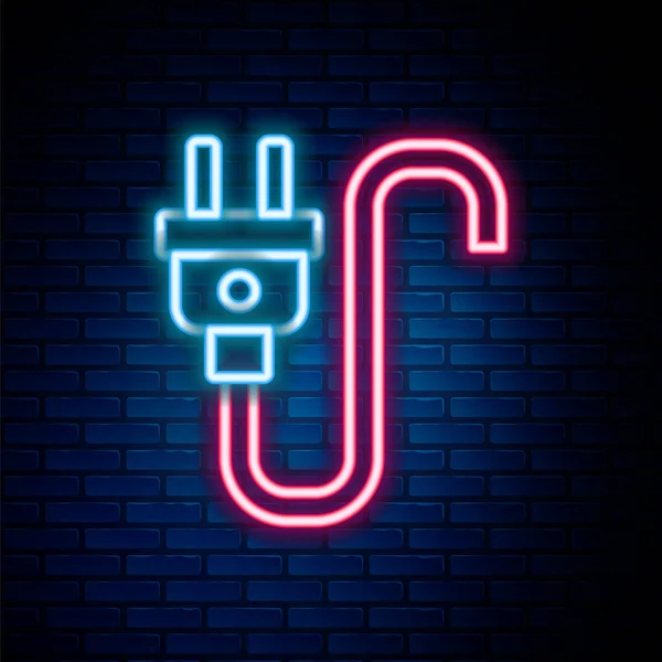 Leuchtende Neon-Linie Elektrische Stecker-Symbol isoliert auf Backsteinwand Hintergrund. Konzept der Verbindung und Abschaltung der Elektrizität. Buntes Rahmenkonzept. Vektor — Stockvektor