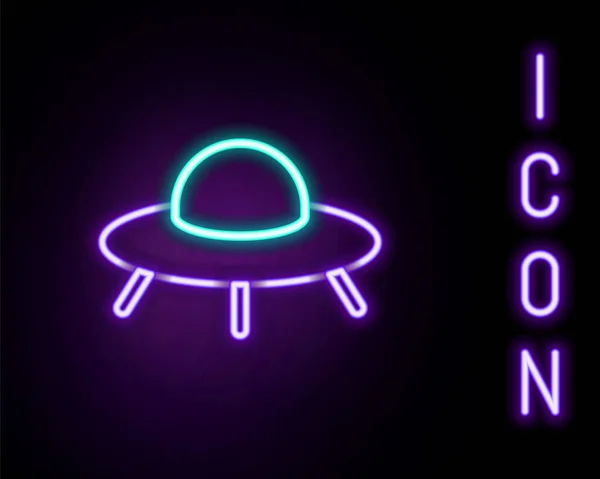 Parlayan neon hattı UFO uçan uzay gemisi simgesi siyah arkaplanda izole edildi. Uçan daire. Uzaylı uzay gemisi. Gelecekteki bilinmeyen uçan nesne. Renkli taslak konsepti. Vektör — Stok Vektör