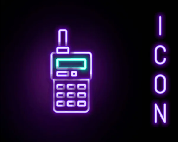 Brillante línea de neón Walkie talkie icono aislado sobre fondo negro. Icono del transmisor de radio portátil. Señal del transceptor de radio. Concepto de esquema colorido. Vector — Archivo Imágenes Vectoriales