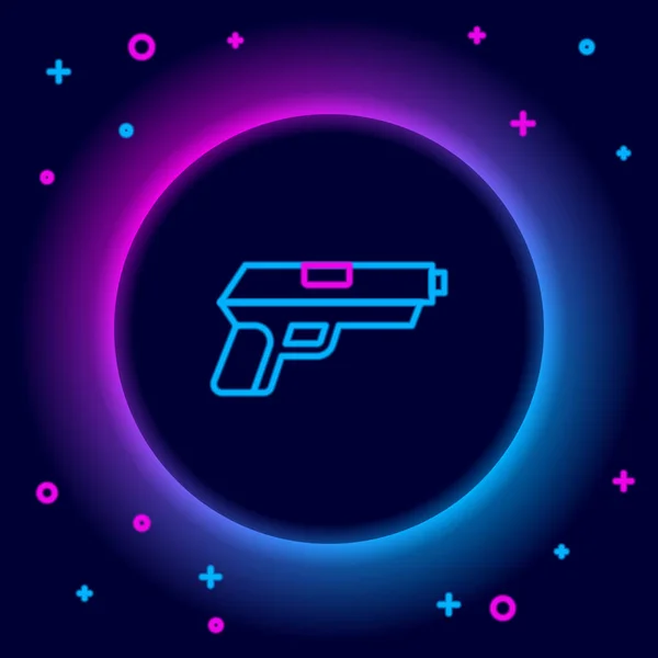 Gloeiende neon lijn Pistol of pistool pictogram geïsoleerd op zwarte achtergrond. Politie of militair pistool. Klein vuurwapen. Kleurrijk concept. Vector — Stockvector