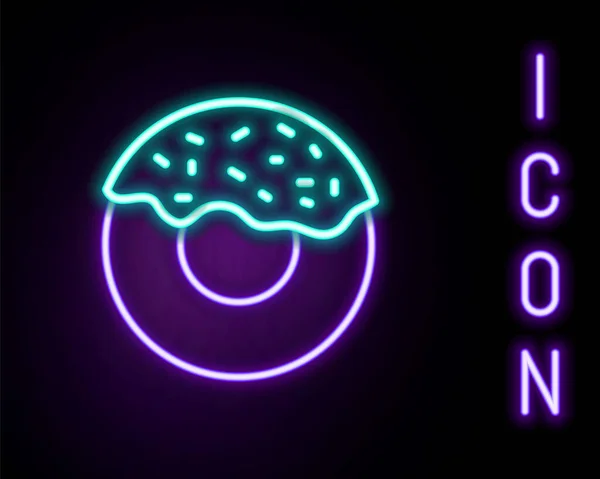 Linha de néon brilhante Donut com ícone de esmalte doce isolado no fundo preto. Conceito de esboço colorido. Vetor — Vetor de Stock
