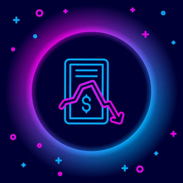 Leuchtende Neon-Linie Mobile Aktienhandelskonzept Symbol isoliert auf schwarzem Hintergrund. Online-Handel, Börsenanalyse, Unternehmen und Investitionen. Buntes Rahmenkonzept. Vektor — Stockvektor