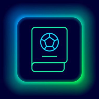 Parlayan neon hattı futbol öğrenme kitabı simgesi siyah arkaplanda izole edildi. Renkli taslak konsepti. Vektör