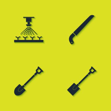 Otomatik sulama fıskiyelerini, bahçe küreğini ve testere simgesini ayarla. Vektör