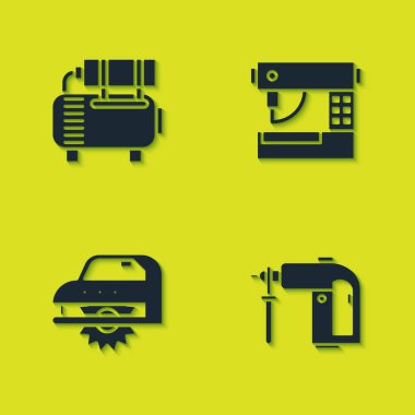 Hava kompresörünü, döner çekiç matkabını, elektrikli testere ve dikiş ikonunu ayarla. Vektör