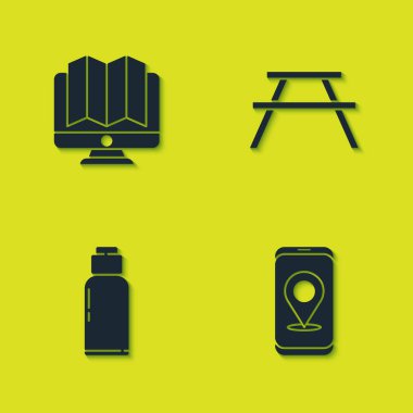 Ormanın yerini monitöre, şehir haritası navigasyonuna, kantin su şişesine ve ikonlu piknik masasına ayarla. Vektör