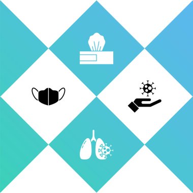 Tıbbi koruyucu maskeyi, virüs hücrelerini akciğere, ıslak mendil paketini ve eli virüs ikonuna ayarla. Vektör